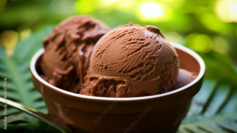 chocolate ice cream scoops on a bowl over palm leafs background. Ice-cream texture chocolate ice cream scoops on a bowl over palm leafs background. Ice-cream texture