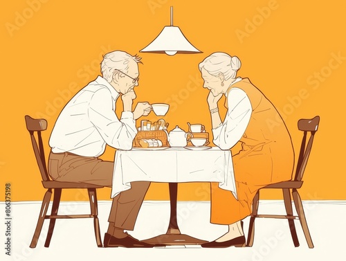An elderly couple is sitting at a table and drinking tea. The man is reading a newspaper and the woman is looking out the window. The picture is drawn in a simple, cartoon style.