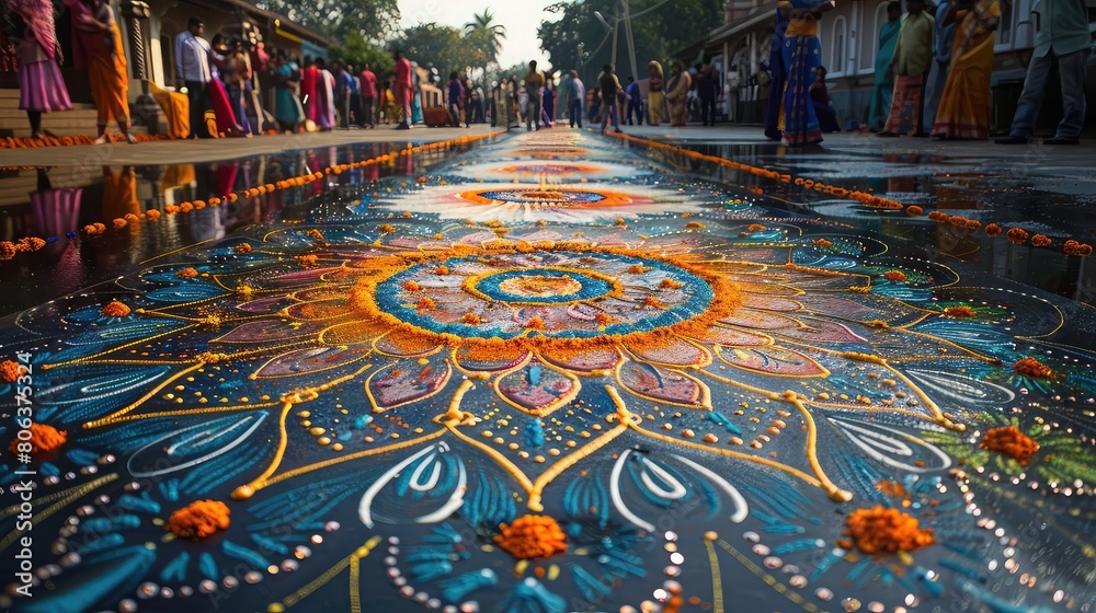 A colorful and vibrant rangoli pattern is seen on the street during a festival. The intricate design is made with various colors of powder and features intricate details.