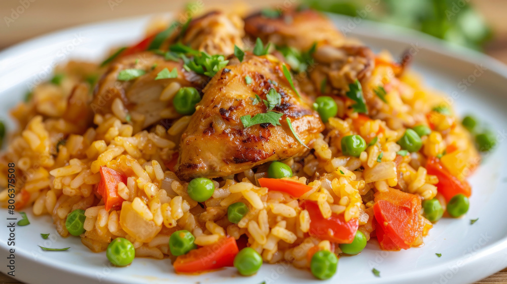 Authentic colombian arroz con pollo, featuring seasoned rice, chicken, peas, and carrots, garnished with fresh herbs on a white plate Authentic colombian arroz con pollo, featuring seasoned rice, chicken, peas, and carrots, garnished with fresh herbs on a white plate