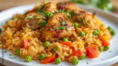 Authentic colombian arroz con pollo, featuring seasoned rice, chicken, peas, and carrots, garnished with fresh herbs on a white plate