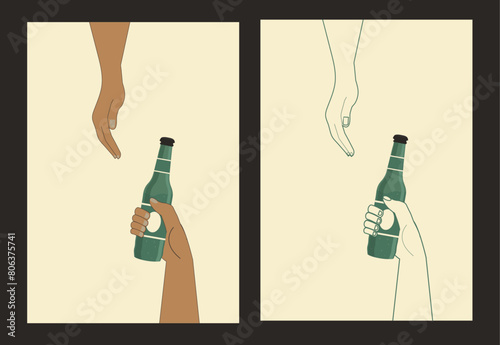 one hand holding out a bottle of beer and the other receiving it. Alcohol and drink. vintage style. illustration for web, invitation to beer party. Retro poster with hands and beer - Stock vector