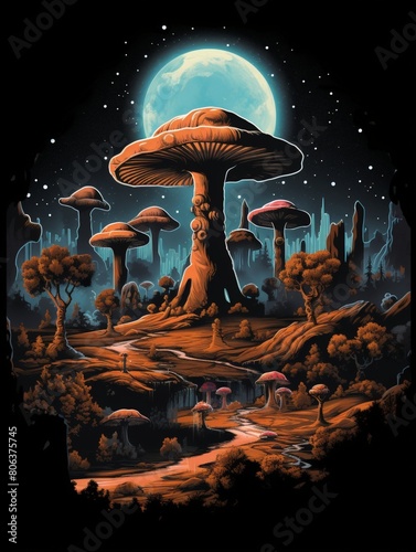 Surrealist Desert with Moonlit Mushroomscape photo