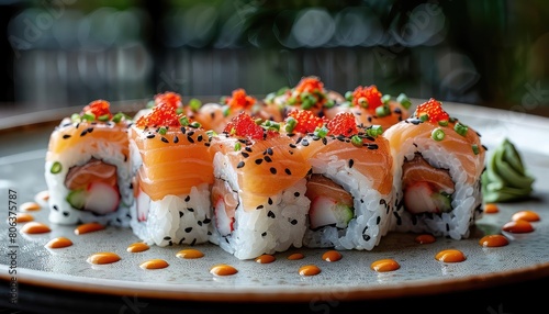 A delicious plate of sushi, with salmon, crab, and avocado. The sushi is topped with tobiko and served with soy sauce and wasabi.