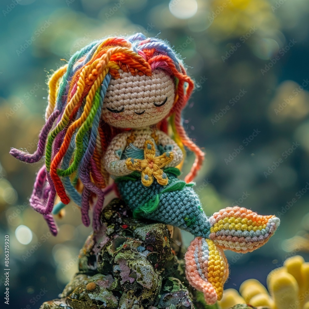 Enchanting crochet amigurumi mermaid with flowing rainbow hair, textured tail, perched on a coral rock undersea