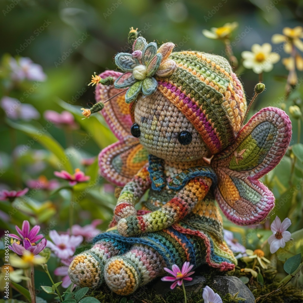 Enchanted crochet amigurumi fairy with iridescent wings, nestled in a blossomrich garden