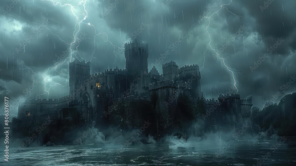 A dark and stormy night. A castle sits on a cliff overlooking the sea. The waves crash against the rocks below. The lightning flashes and the thunder roars.