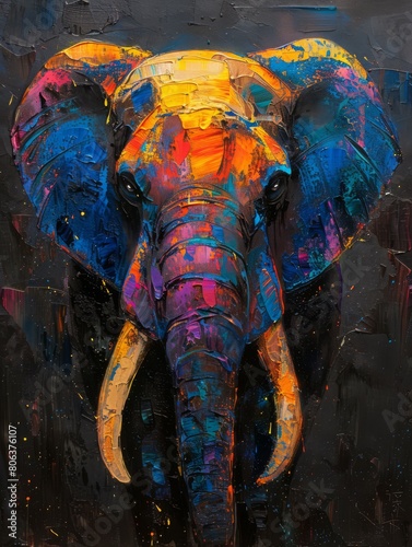 Vintage oil painting of a royal elephant portrait, vivid colors, moody, dark background, in the style of an oil painting , generated with ai