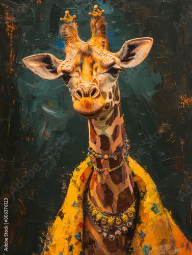 Vintage oil painting of a royal giraffe portrait, vivid colors, moody, dark background, in the style of an oil painting , generated with ai © sch_ai