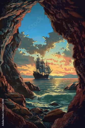 Watching a ship at sea through the rocks inside a cave, dusk, fantasy, vintage drawing, vector , generated with ai