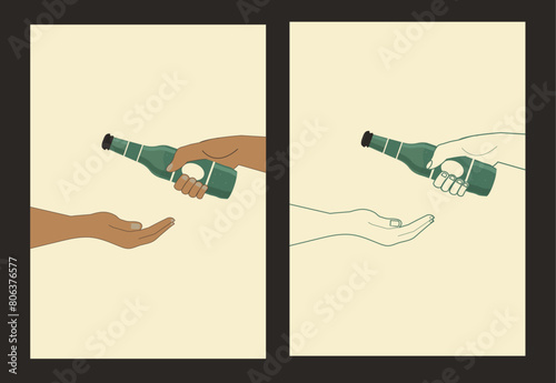 one hand holding out a bottle of beer and the other receiving it. Alcohol and drink. vintage style. illustration for web, invitation to beer party. Retro poster with hands and beer - Stock vector