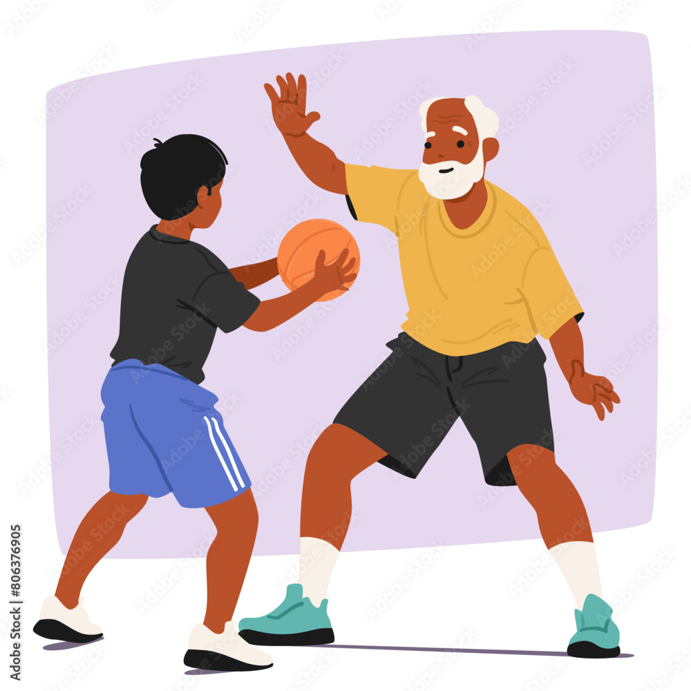 Senior Man And Young Boy In Playful Basketball Match, Concept of Intergenerational Connection And The Joy Of Sport