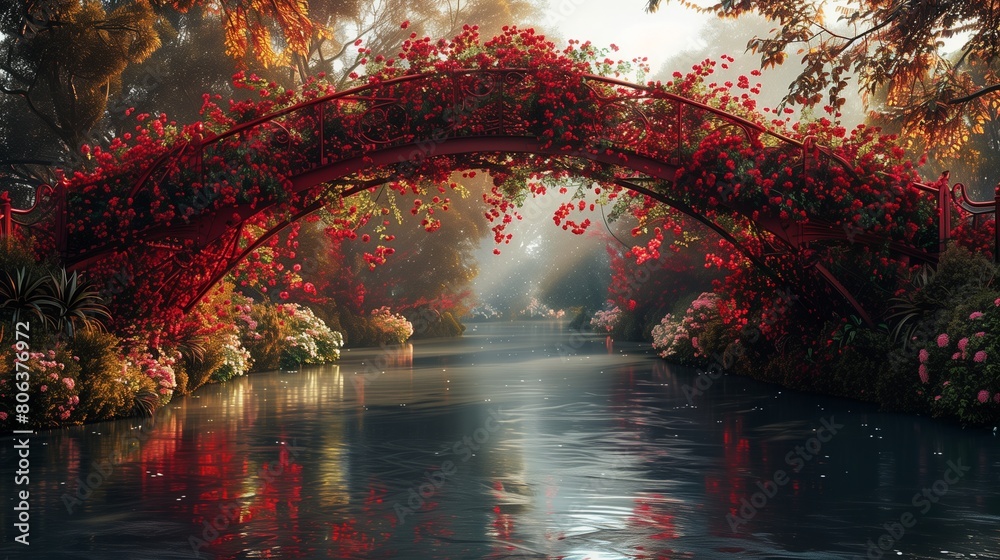 Ultra-realistic image of a crimson bridge, its ironwork enveloped by flowering vines over a quiet river Ultra-realistic image of a crimson bridge, its ironwork enveloped by flowering vines over a quiet river