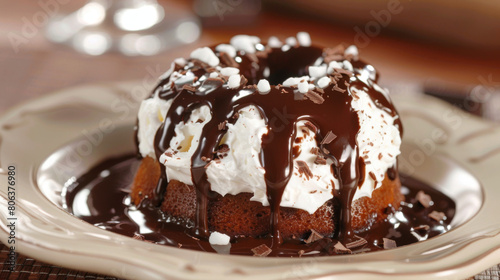 Decadent colombian chocolate flan with creamy whipped topping and chocolate drizzle, presented on a beautiful ceramic plate