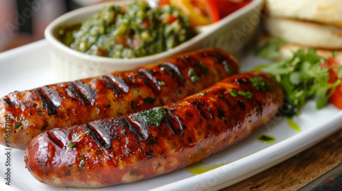 Classic south american cuisine: grilled colombian chorizo sausages with spicy aji verde sauce on a white plate