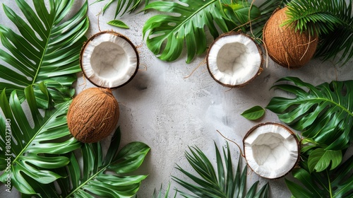 Coconuts and Leaves on a Gray Surface