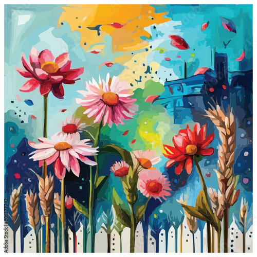 A mixed media painting of flowers digital art screen print wheat paste poster