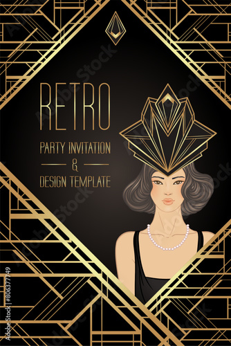 Retro fashion, glamour girl of twenties. Asian pretty woman. Vector illustration. Flapper 20s style. Vintage party invitation design template. Fancy asian lady.