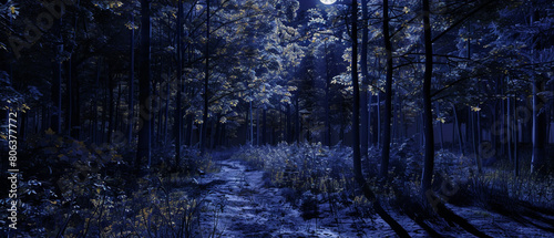 Dark moonlit forest with tall trees casting mysterious shadows, set in a realistic V6 style.