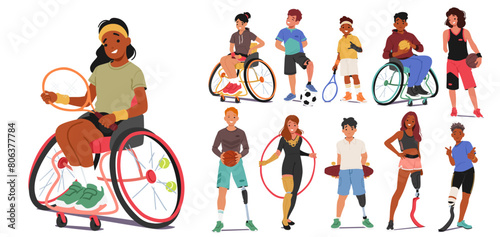 Diverse Young Athletes With Disabilities Engaging In Various Sport. Children Sportsmen Characters Showcasing Inclusivity