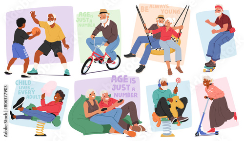 Joyful Senior Characters Engaging In Youthful Activities, Playing Basketball, Cycling, Enjoying Video Games