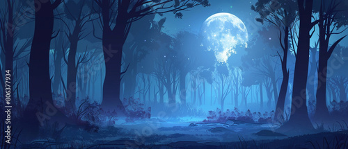 Enchanting moonlit forest with silhouetted trees and mysterious shadows, rendered in V6 style art. photo