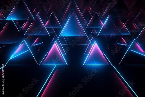The image is a dark background with many glowing triangles. The triangles are arranged in a grid pattern and are of different sizes. The colors of the triangles are blue and pink.