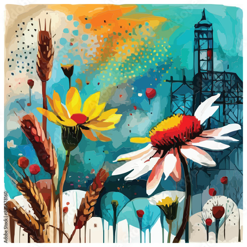 A mixed media painting of flowers digital art screen print wheat paste poster