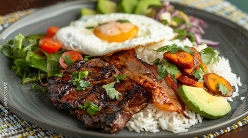 Authentic colombian dish featuring grilled steak, white rice, fried egg, avocado slices, tomatoes, and fresh herbs on a ceramic plate