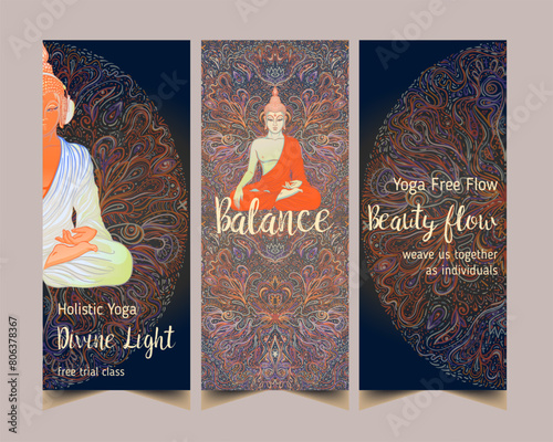 Stretch and Strength. Yoga card, flyer, poster, mat design. Colorful template for spiritual retreat or yoga studio. Ornamental business cards, oriental pattern. Vector illustration