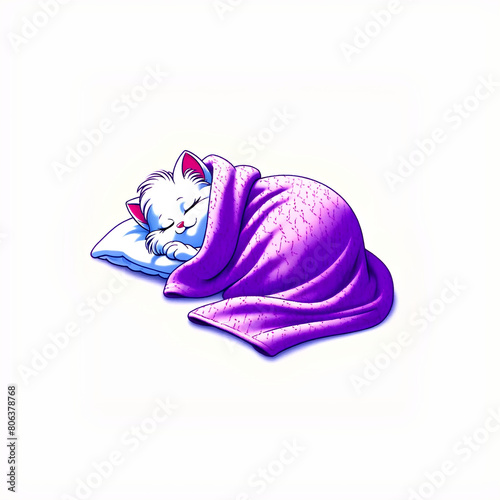 white kitty sleeping soundly under a purple blanket on white background photo