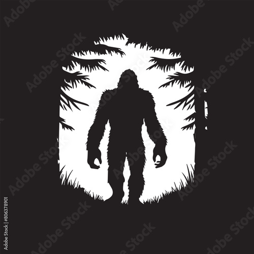 Bigfoot in Forest Silhouette Vector