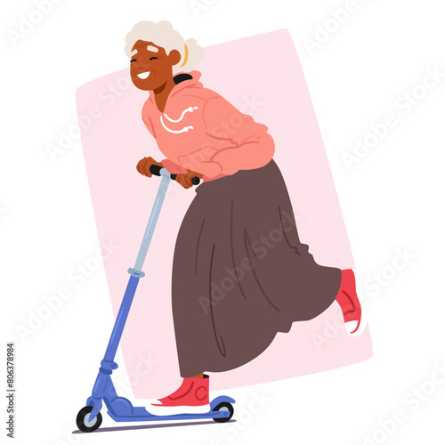 Senior Woman Glides With Joy On Scooter, Her Smile And Sporty Attire Reminding Us That Fun And Playfulness Are Ageless