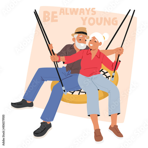 Joyful Senior Couple Male And Female Characters On A Swing Set Like Kids, They Holding Hands And Smile, Vector