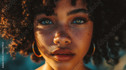 Close up portrait of beautiful african american woman with afro hairstyle