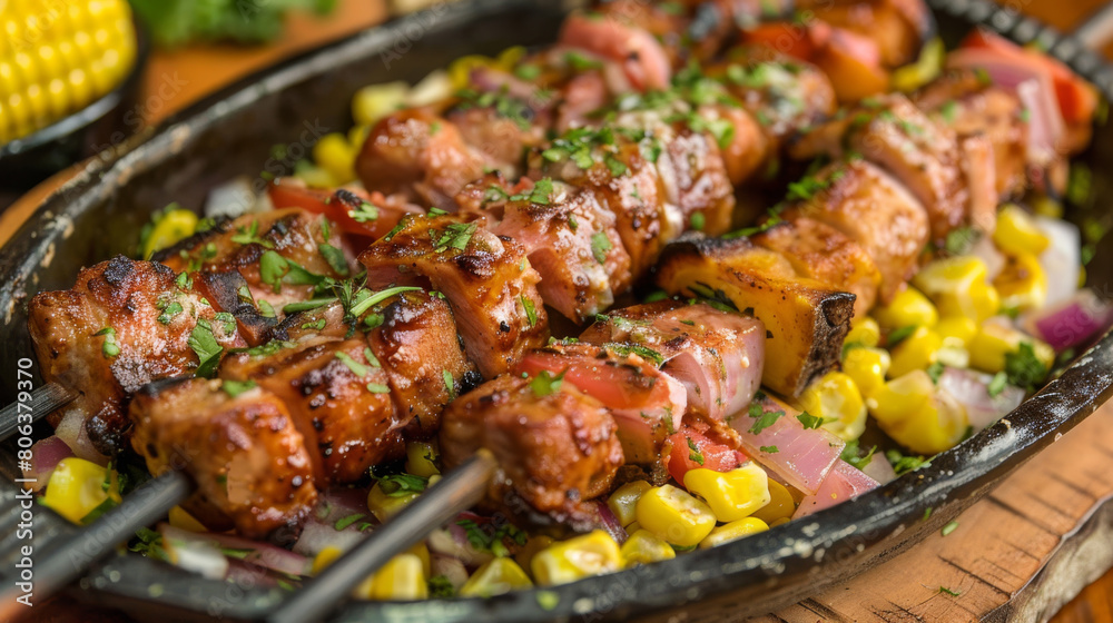 Authentic colombian cuisine featuring succulent grilled meat skewers served with fresh corn, tomatoes, onions, and peppers on a rustic wooden table Authentic colombian cuisine featuring succulent grilled meat skewers served with fresh corn, tomatoes, onions, and peppers on a rustic wooden table