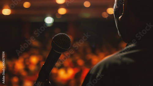 Microphone on stage in concert hall or conference hall, blurred background