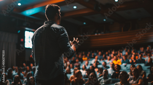 Male speaker giving a talk at business conference. Audience in the conference hall. Business and Entrepreneurship concept.