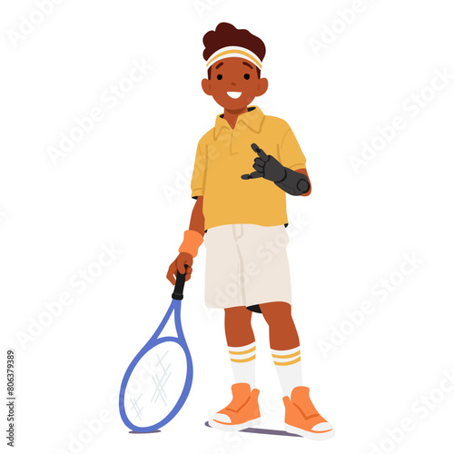 Confident Child With A Prosthetic Arm Stands Ready To Play Tennis, Exuding Joy And Resilience, Vector Illustration