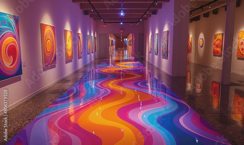 Create a colorful and vibrant hallway with bright colors and a wavy floor that looks like a rainbow. The walls are covered in trippy paintings.