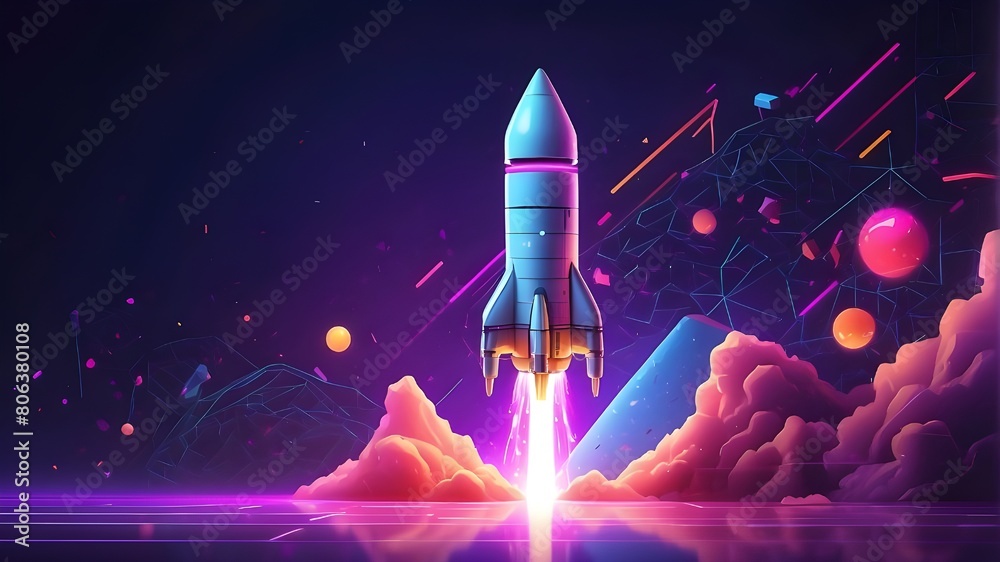 An illustration of a rocket blasting off with neon lights in the background for a startup concept. Artificial Intelligence