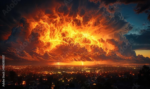 A large city is being consumed by a raging firestorm. The flames are so intense that they are lighting up the sky. The city is in ruins, and the people are running for their lives. photo