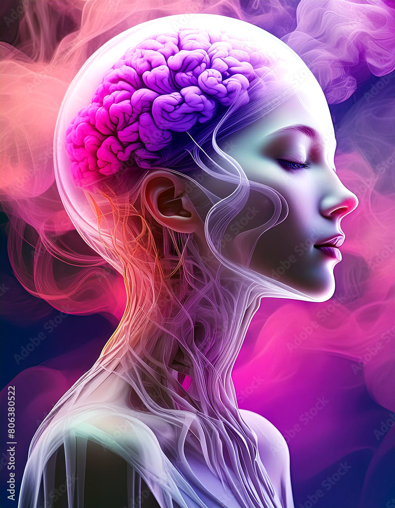 3D illustration of a colorful transparent skull. Beautiful visually striking portrait of a woman deep in thought with abstract transparent glass skull and magenta smoke.