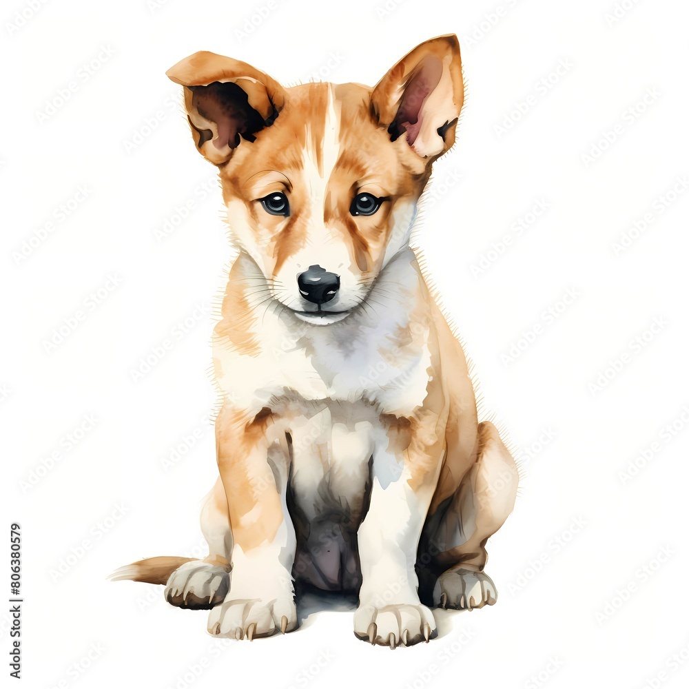 Canaan dog. Puppy dog. Canaan dog clipart. Watercolor illustration. Generative AI. Detailed illustration.