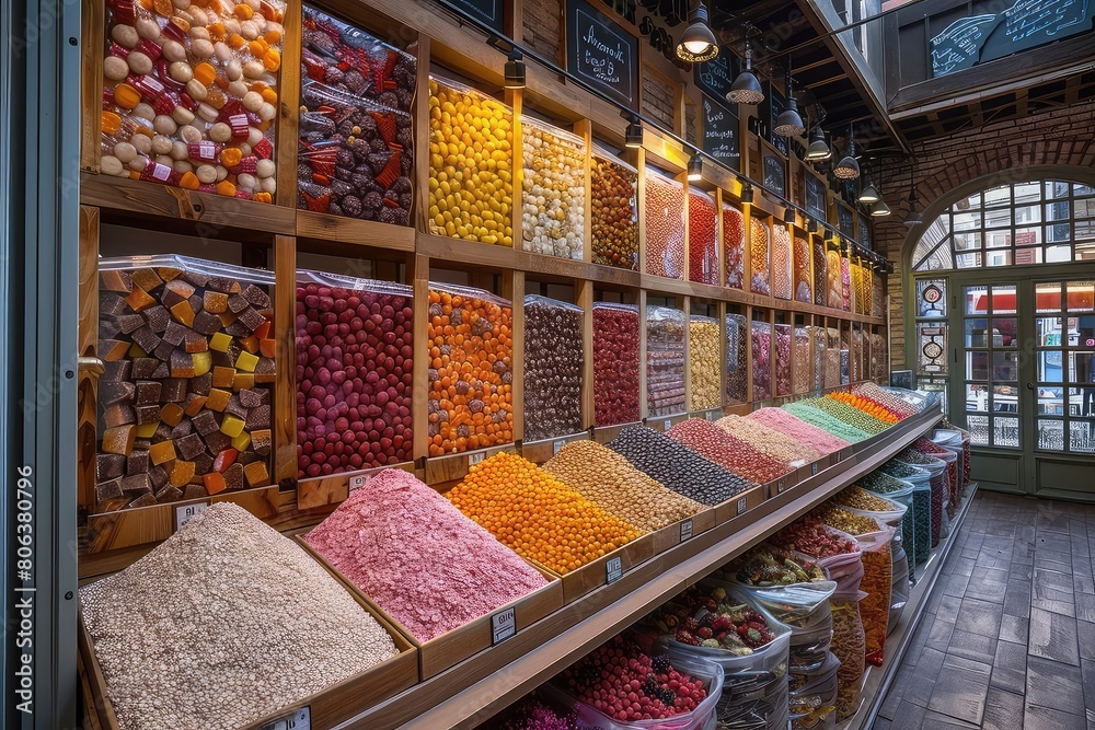 A colorful and inviting display of bulk candies and sweets in a store.