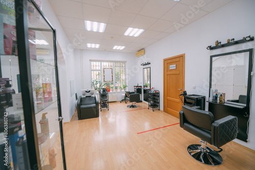 Modern interior of a hairdressing salon. Nobody. photo