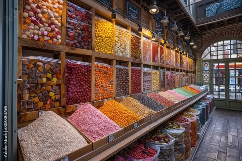 A colorful and inviting display of bulk candies and sweets in a store. photo