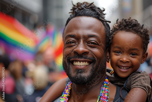 Black Father Carrying Daughter in Gay Pride Parade