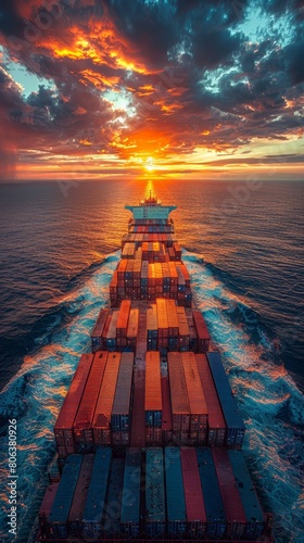A large container ship is sailing on the ocean © Steveandfriend