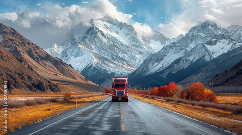 A red semi truck drives through the mountains on a winding road.